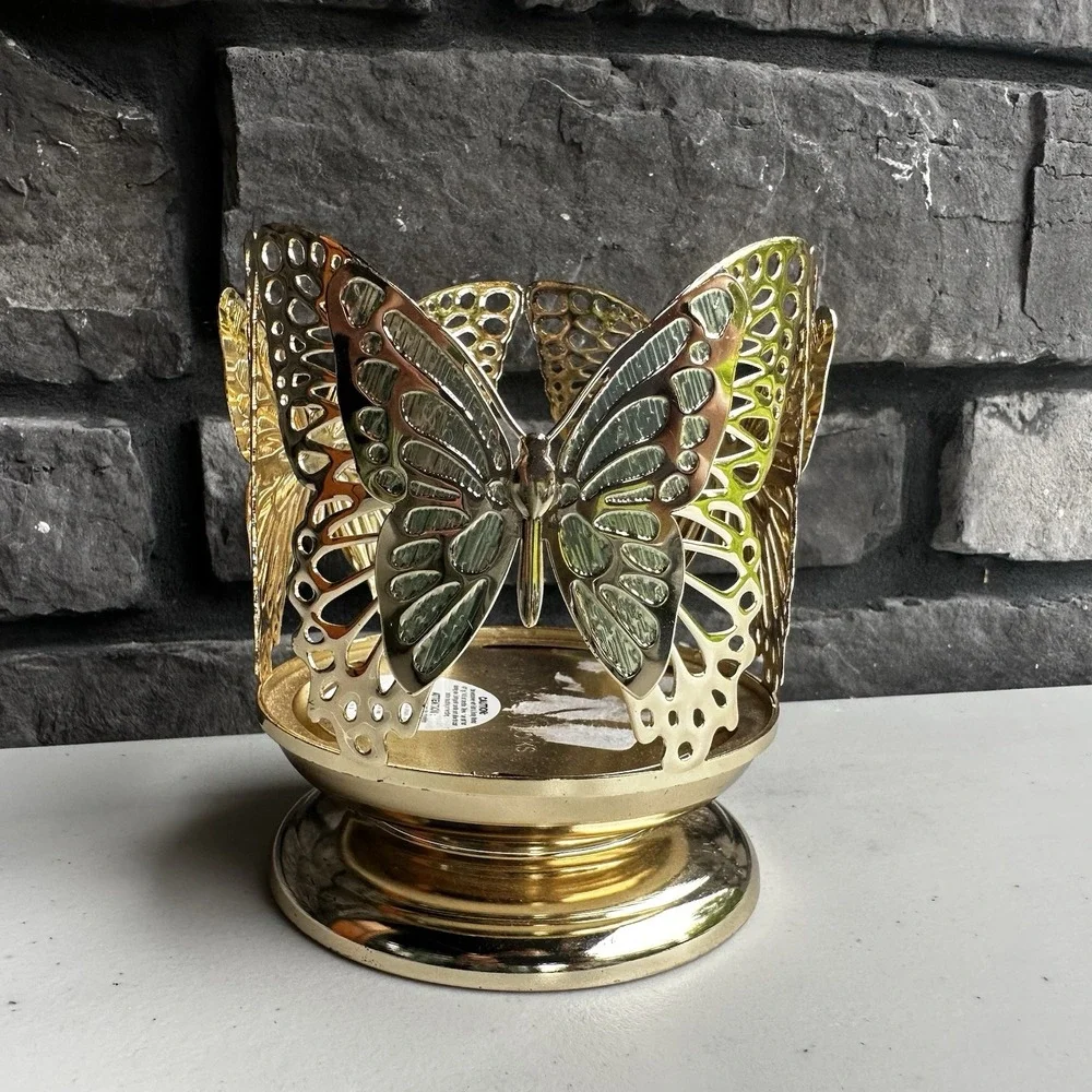 Bath & Body Works Butterfly 3-Wick Candle Holder Gold Pedestal Glam Home Decor